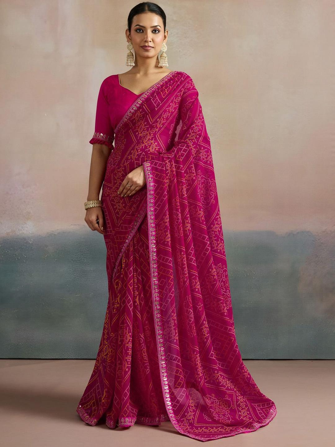 Mitera Bandhani Sequinned Pure Georgette Saree
