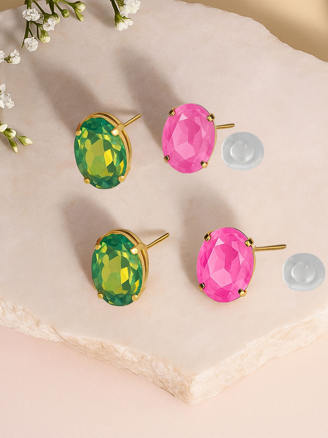 MANSIYAORANGE Set Of 2 Gold-Plated Crystals Studded Korean Oval Shaped Studs