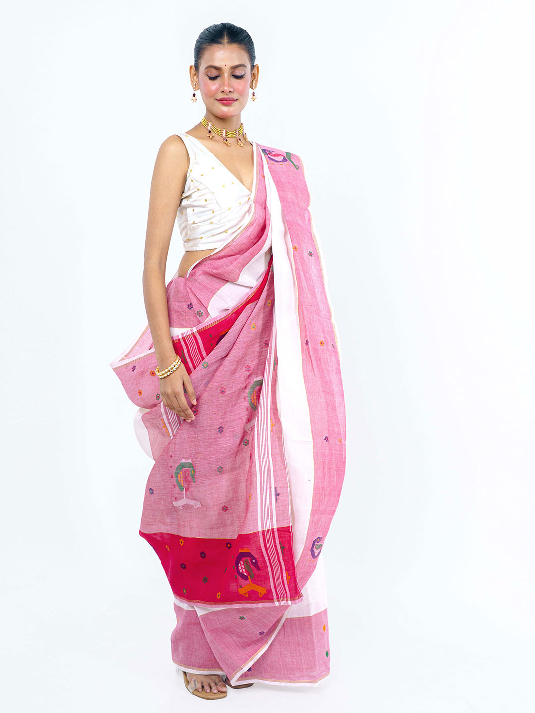 SREYA SAMANTA Ethnic Motifs Woven Design Pure Cotton Jamdani Saree