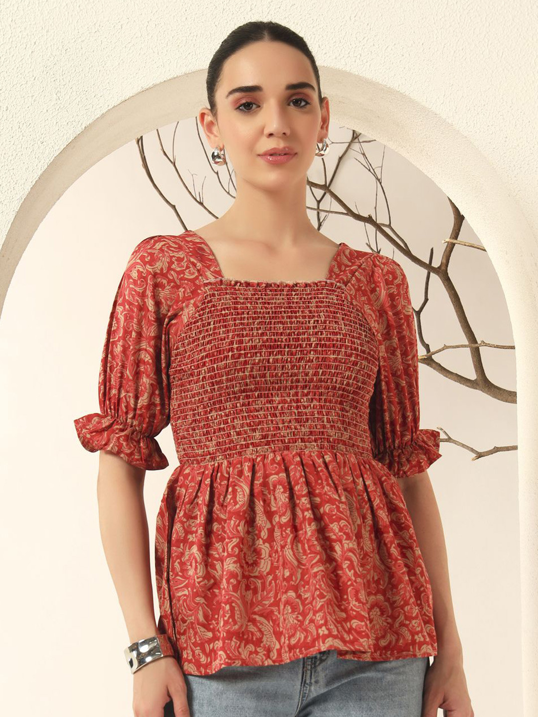 ZWERLON Women Floral Printed Square Neck Puff Sleeve Smocked Top