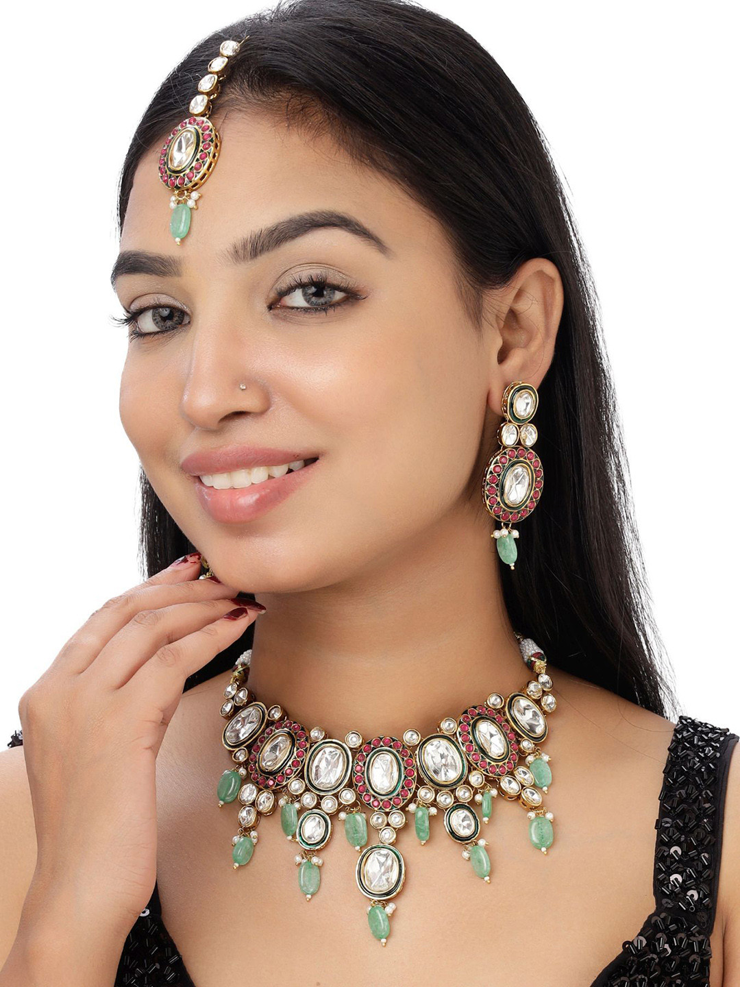 VELVET IMPERIAL Gold-Plated Kundan Studded & Artificial Beaded Jewellery Set