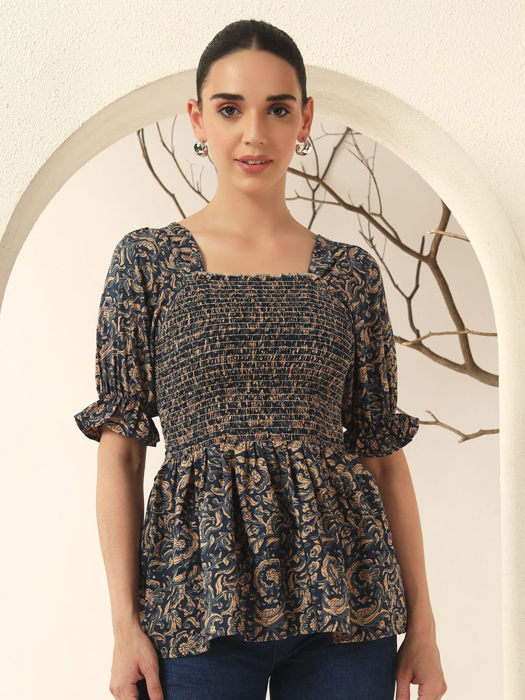 OTABU Women Floral Print Puff Sleeve Smocked Top