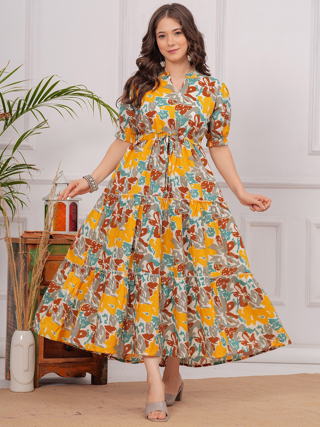 TEESHA Printed Puff Sleeve Tiered Cotton Fit & Flare Midi Dress