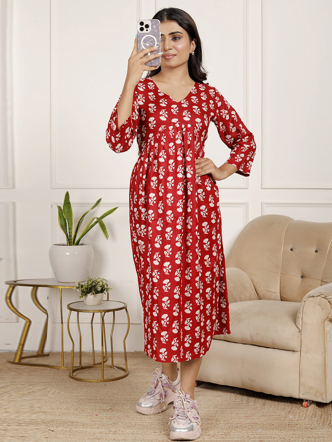Lamenda Ethnic Motifs Printed V-Neck Cotton Empire Midi Dress