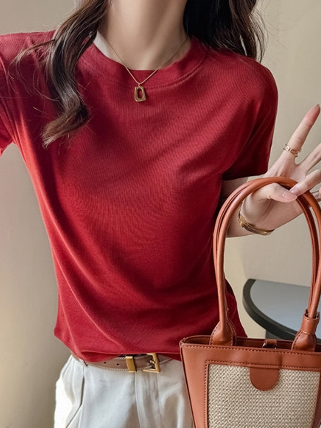 Red Round Neck Short Sleeves Regular Fit T-shirt