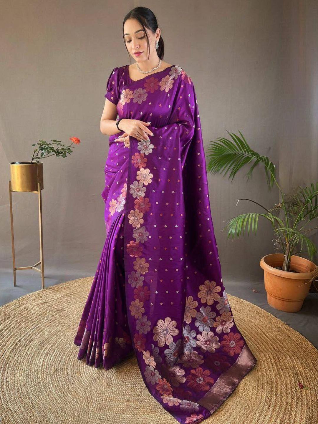 GHAN SALS Purple Floral printed Zari Silk Blend Saree