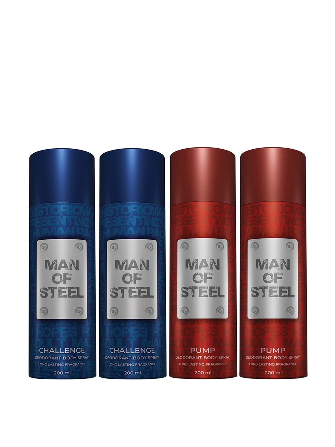 Man of Steel Set of 4 Man of Steel Deodorant Body Spray 200ml / 127g Each -  Pump & Challenge