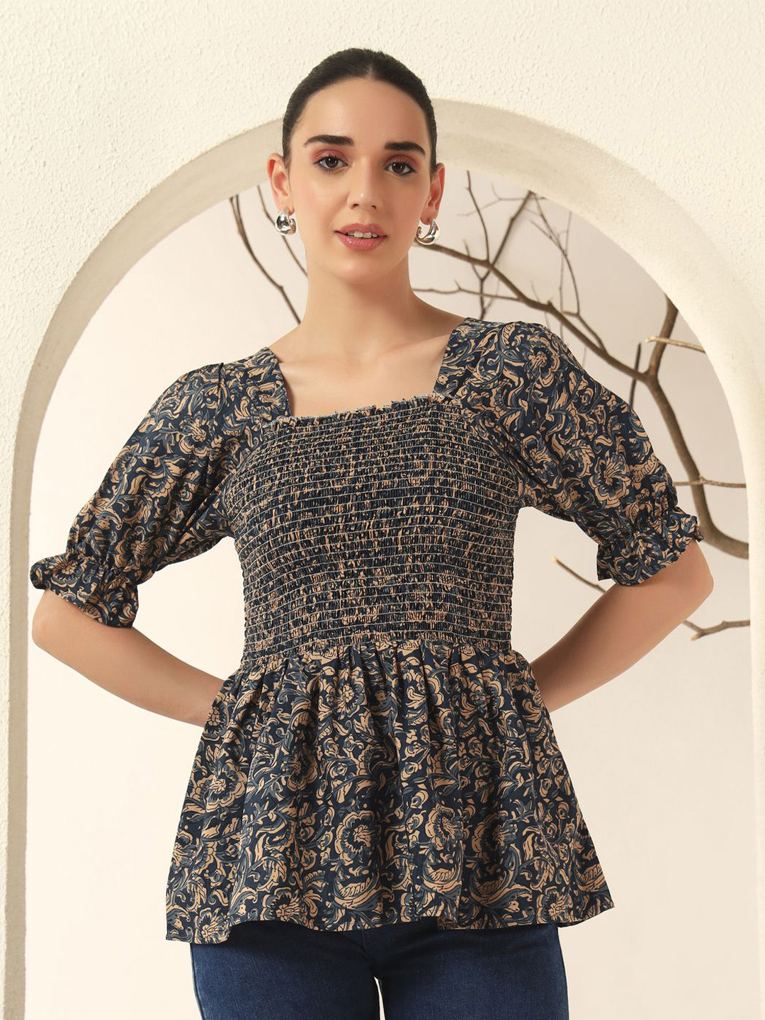 OTABU Women Floral Print Puff Sleeve Smocked Top