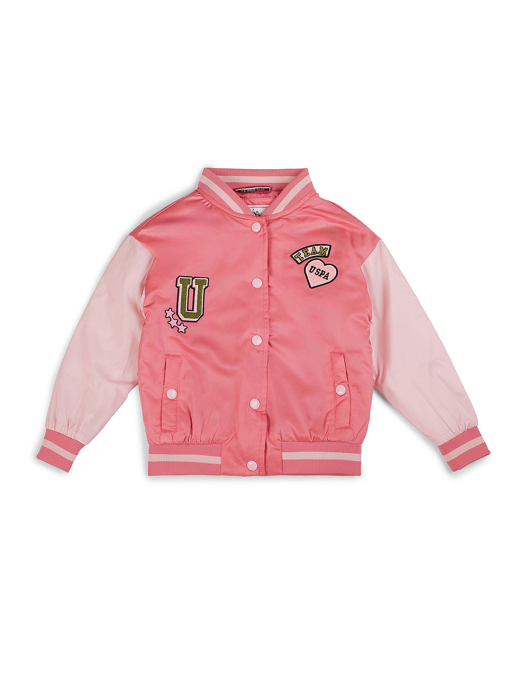U.S. Polo Assn. Kids Girls Colourblocked Varsity Jacket with Patchwork