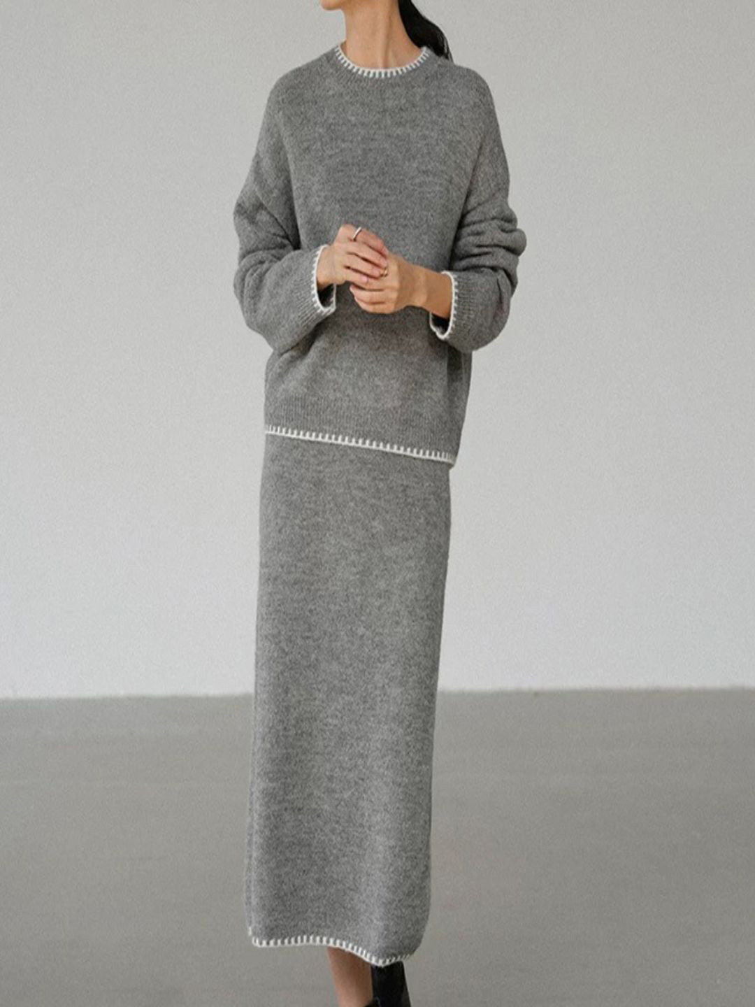 bebe Knitted Round-Neck Sweater With Midi Skirt Co-Ords