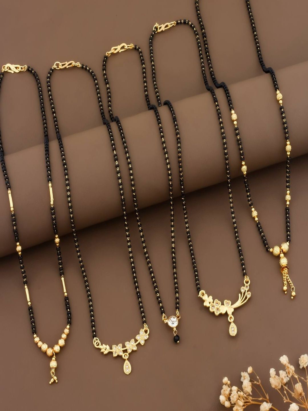 LaChoiceIt Set Of 5 Gold-Plated Artificial Stones Studded And Beaded Mangalsutras