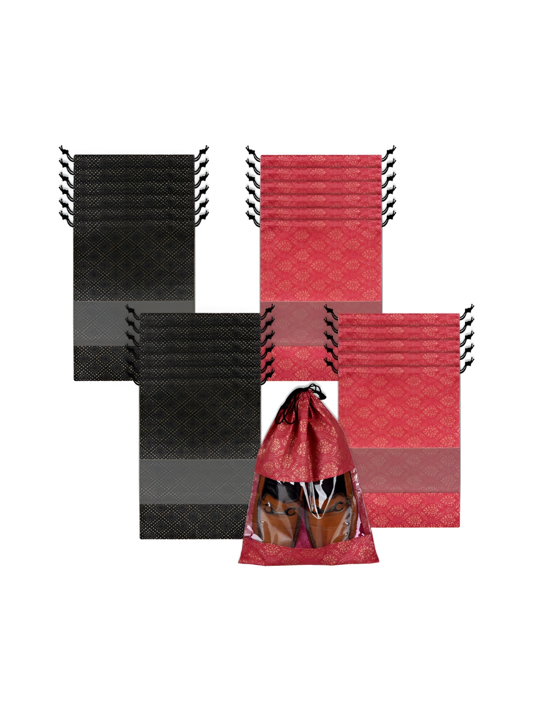 Aura Red & Black 24 Pieces Printed Shoe Bags With Transparent Windows
