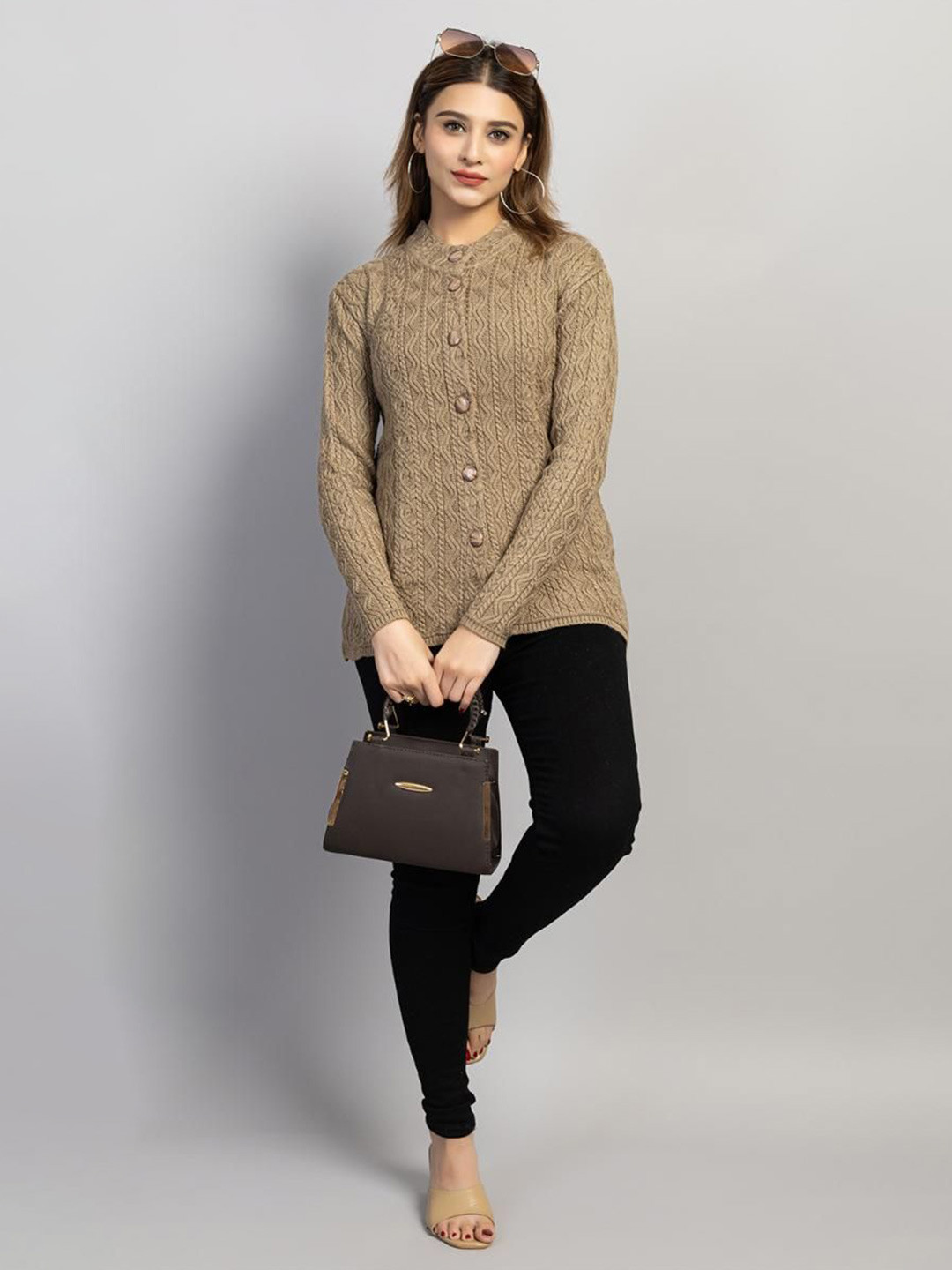 Dart Line Women Geometric Self Design Regular Cardigan With Button Detail