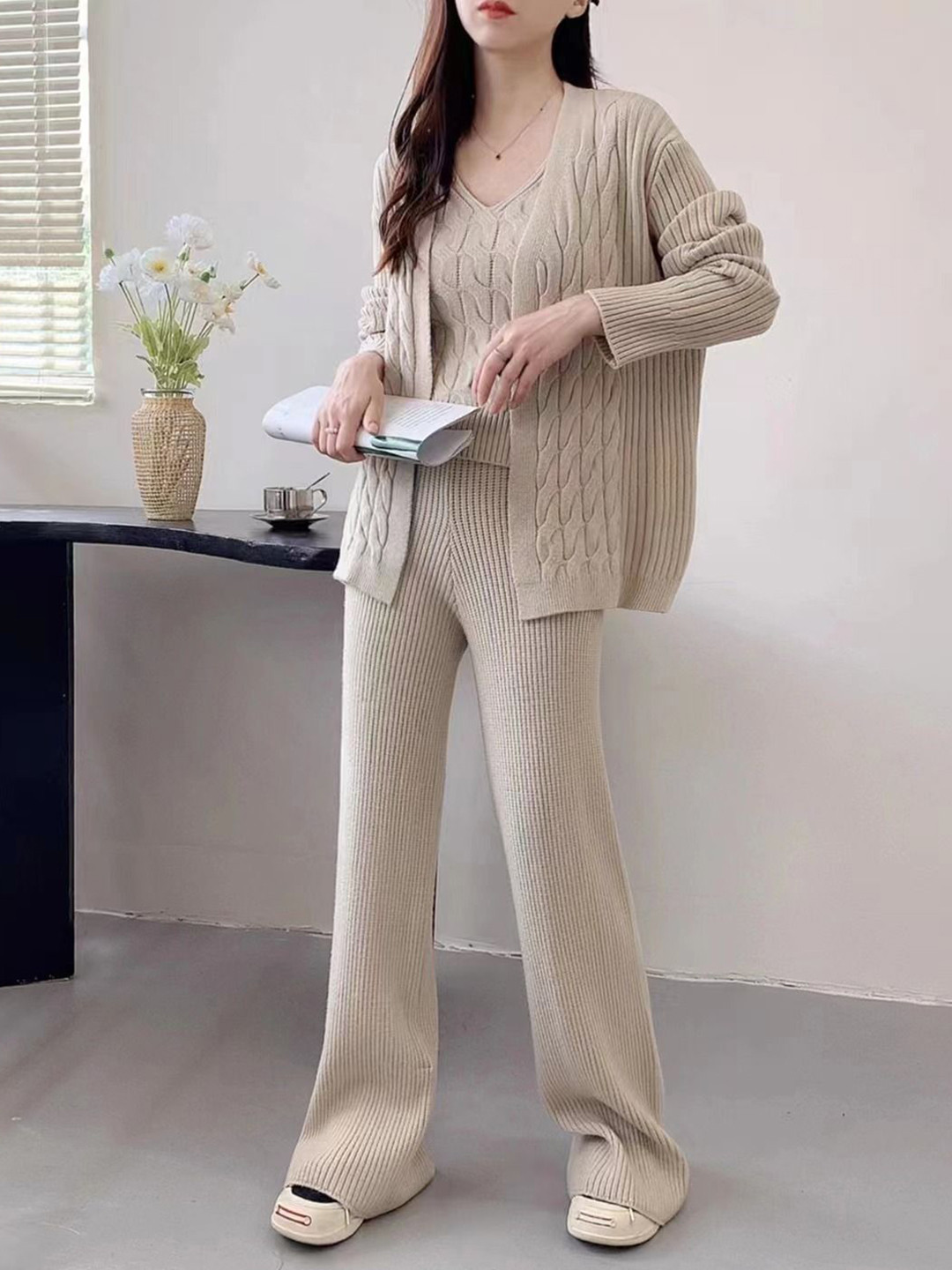 bebe V-Neck Acrylic Top & Cardigan