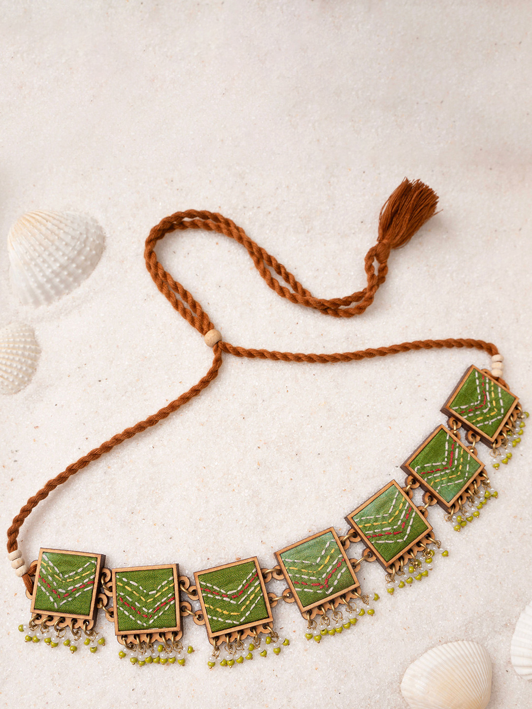 WHE Kantha Green Repurposed Silk Fabric and Wood Necklace