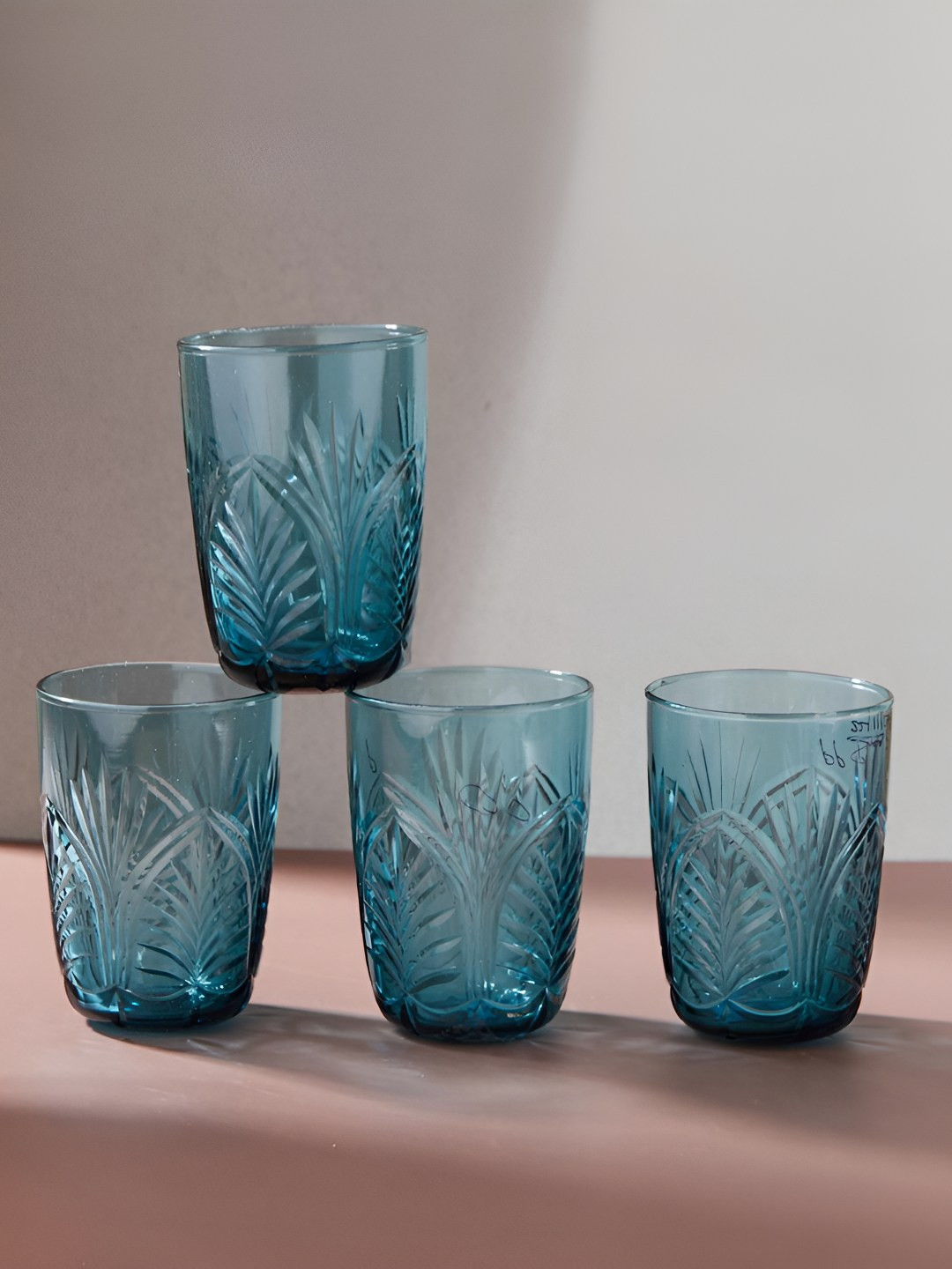 Fabindia Hamza Teal Green 4 Pieces Textured Glass Water Glasses-430ml Each
