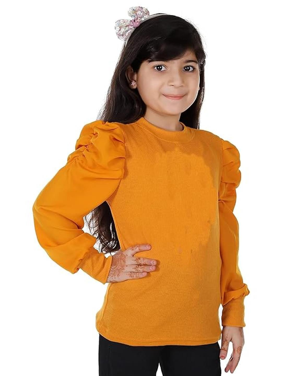 Aura Glam Girls Mustard Yellow Puff Full Sleeve long Top