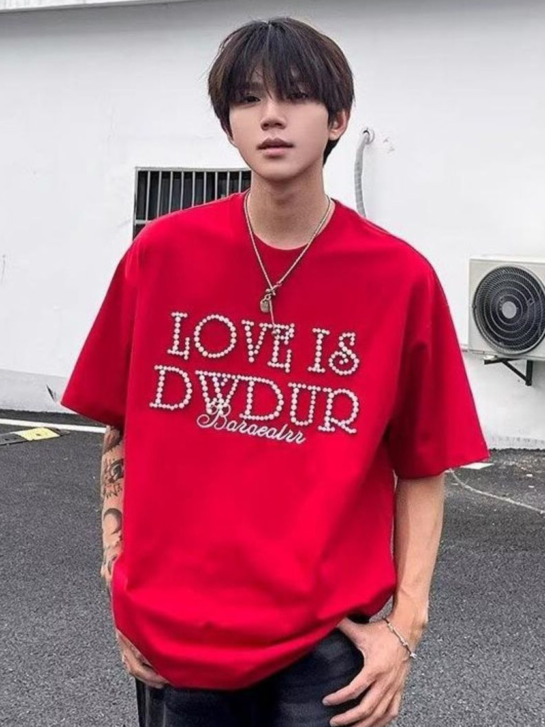 Red Typography Printed Oversized Round Neck T-shirt