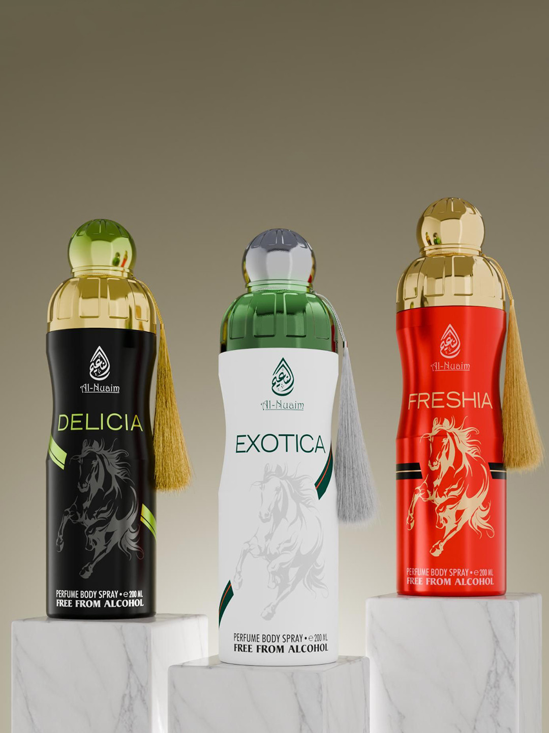 Al-Nuaim Set Of 3 Alcohol Free Perfume Body Spray 200ml Each - Delicia + Exotica + Freshia