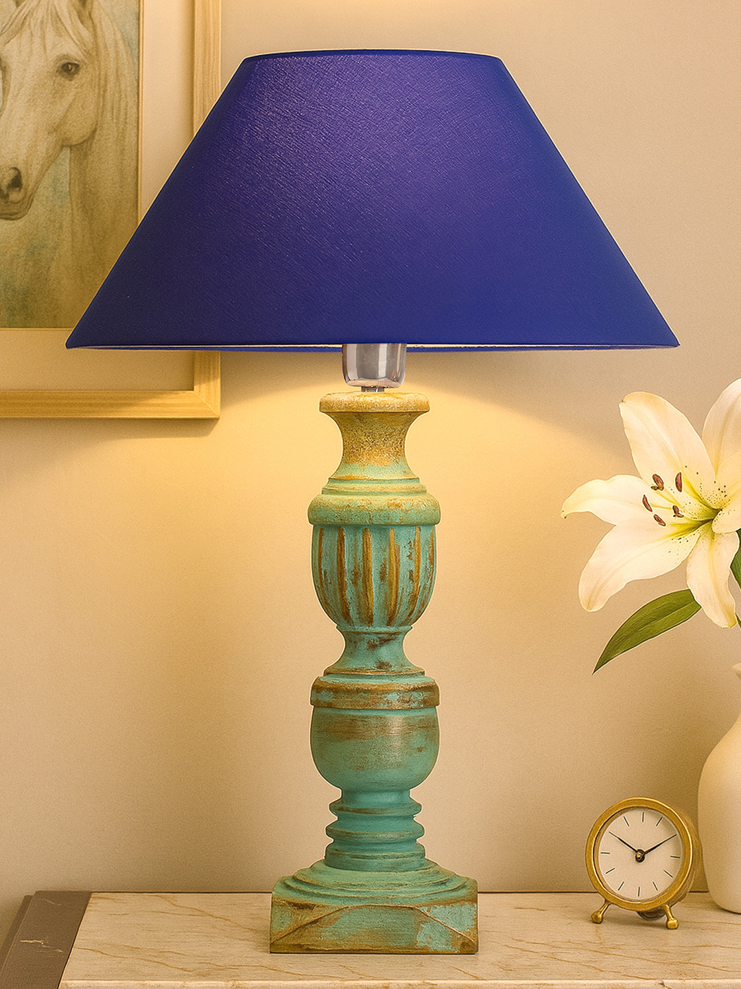 Homesake Blue & Navy Blue Solid Bedside Standard Table Lamp with Shade