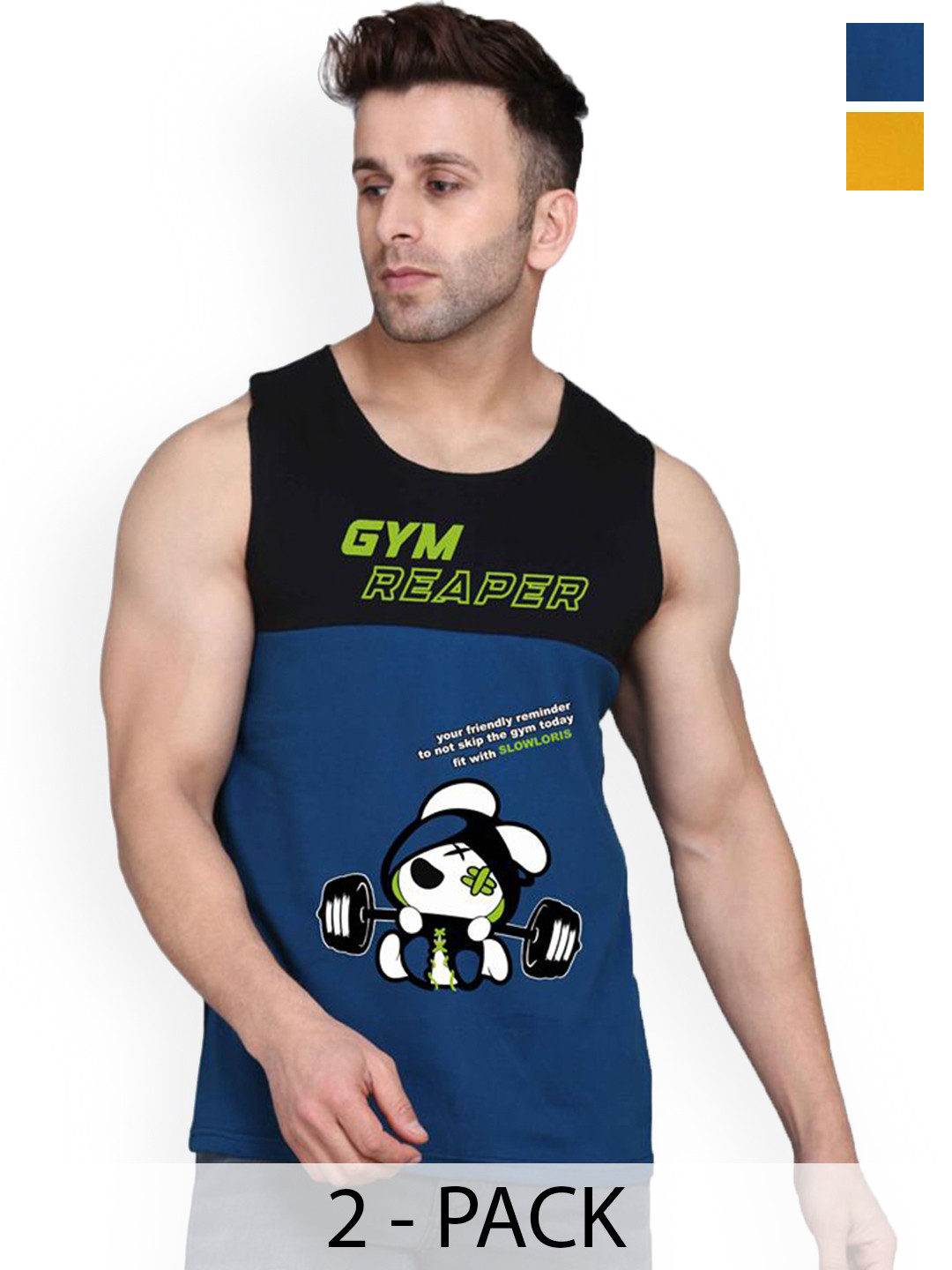 SLOWLORIS  Men Pack Of 2 Printed Cotton GymVests VSL26 CMB(GYM BLKPEACOCK)(OVRTNK MUSTARD)