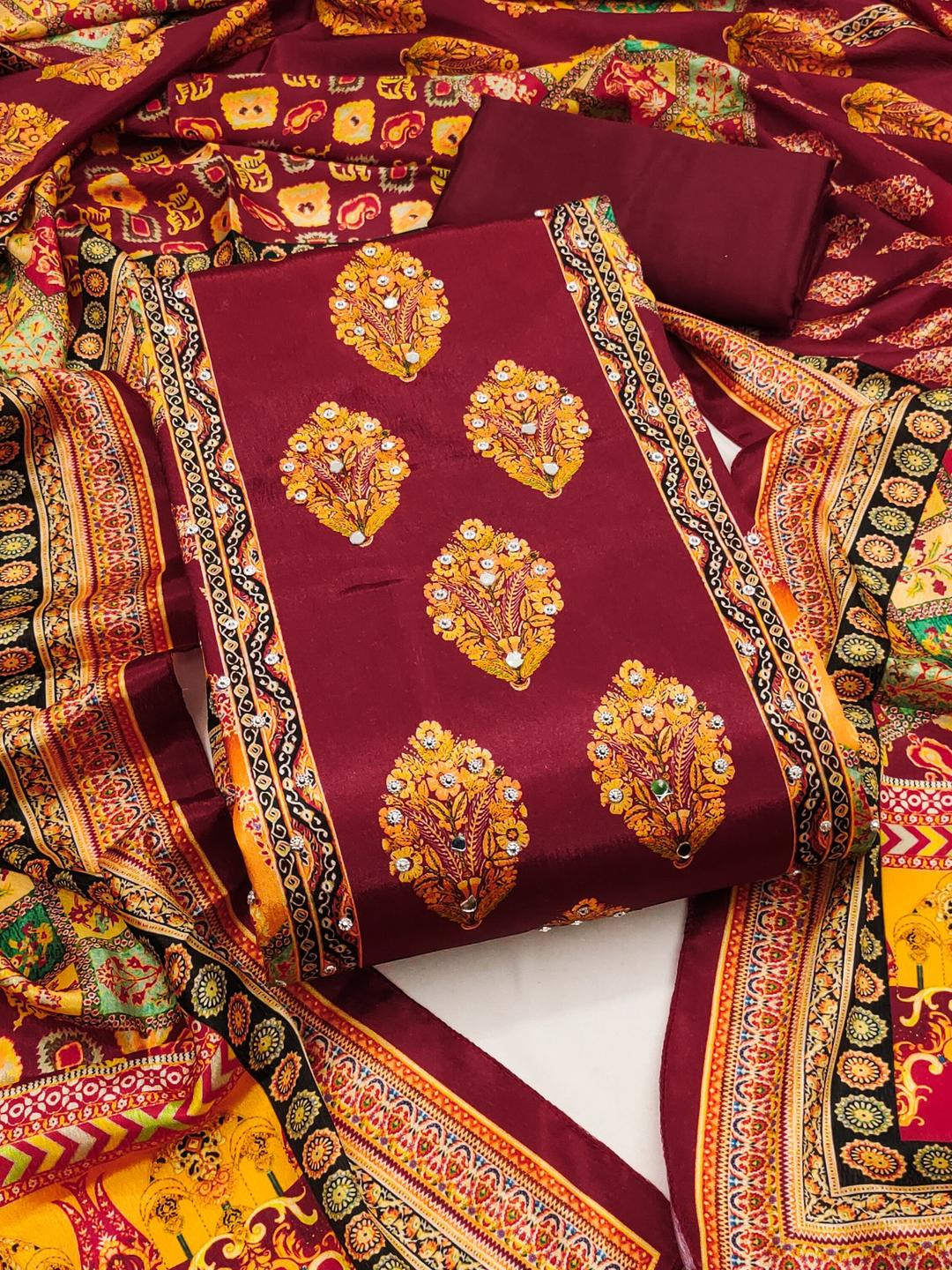 KALINI Women Maroon Printed Geometric Dress Material