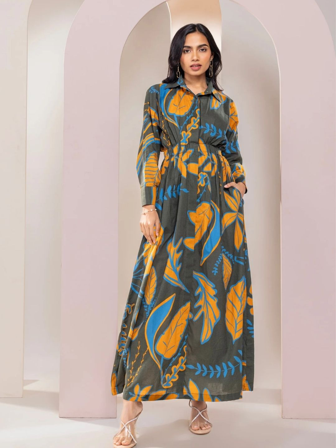 POPPI Rio Women Floral Printed Cotton Maxi Shirt Dress