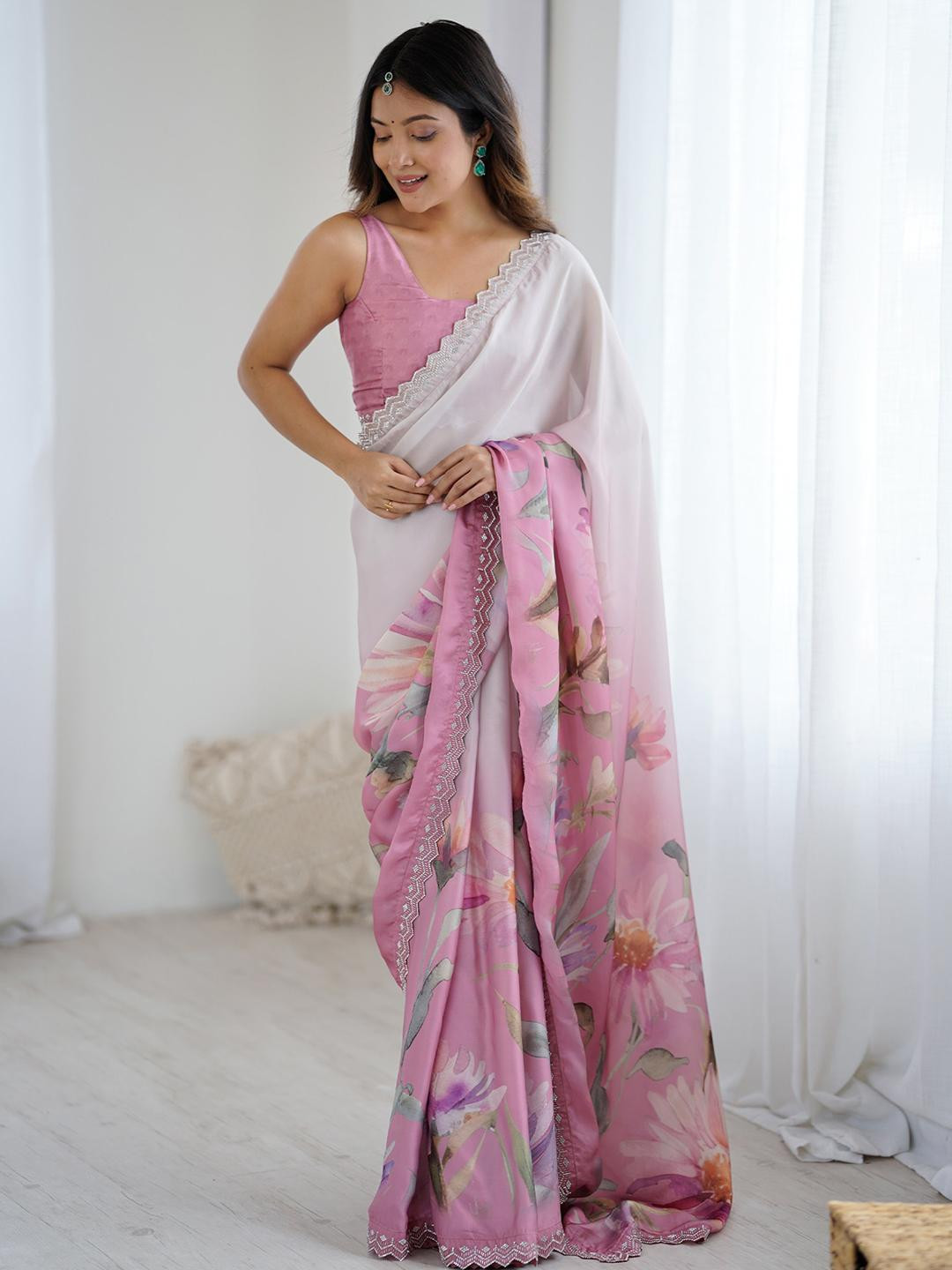 Anouk Floral Beads and Stones Pure Georgette Designer Saree With Matching Blouse