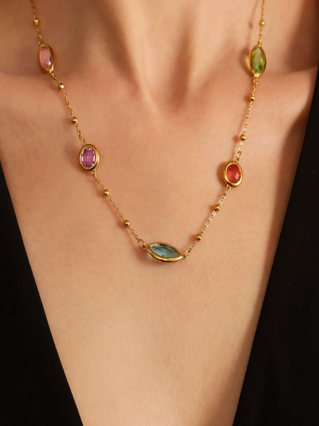 AQUASTREET 18K Gold Plated Anti-Tarnish Multicolor Glass Stone Chain Necklace