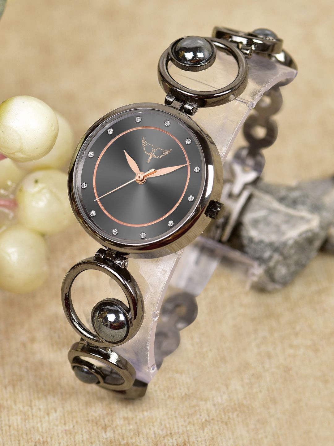 WHITE BIRD Women Floating Pearl Detailing Elegant Dial Analog Timepiece Watch 6025 Grey