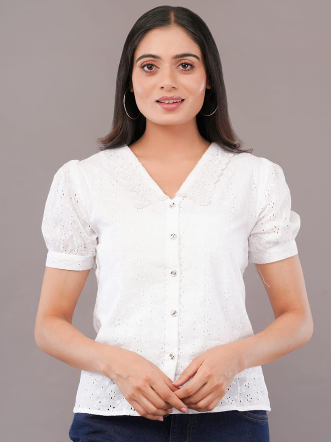 Edla Women Puff Sleeve Peter Pan Collar Pure Cotton Schiffli Top