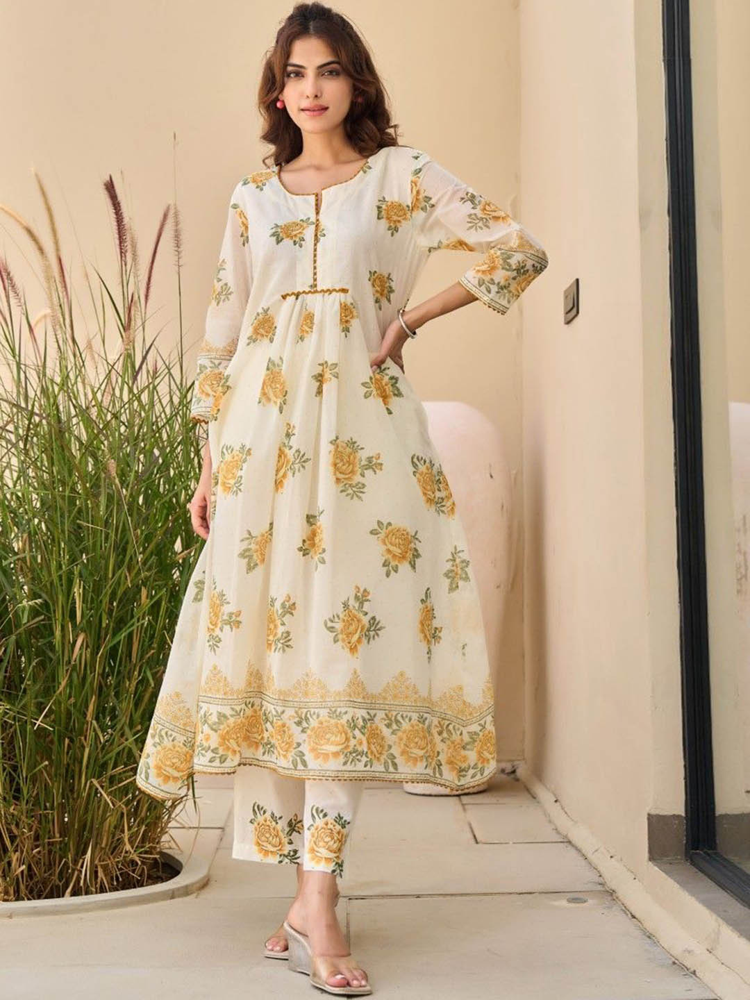 AUTUMN LANE Tiara Marigold Floral Printed Pure Cotton Kurta With Trousers