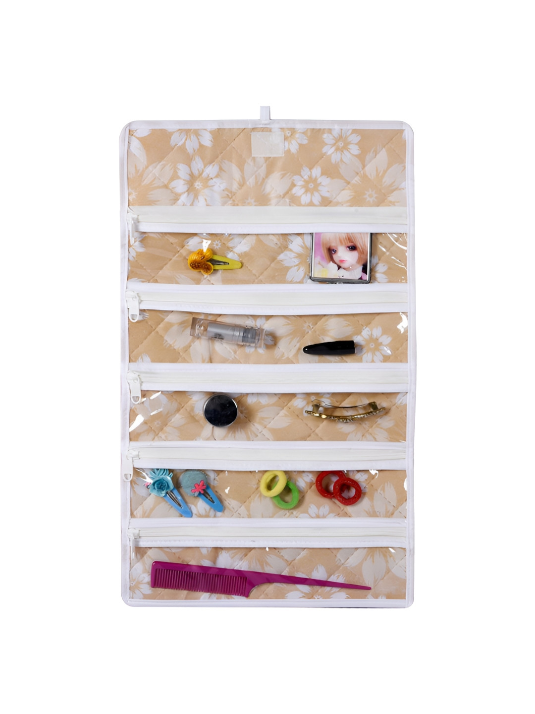 Aura Gold-Toned & White Floral Printed Jewellery Organiser With 5 Pocket