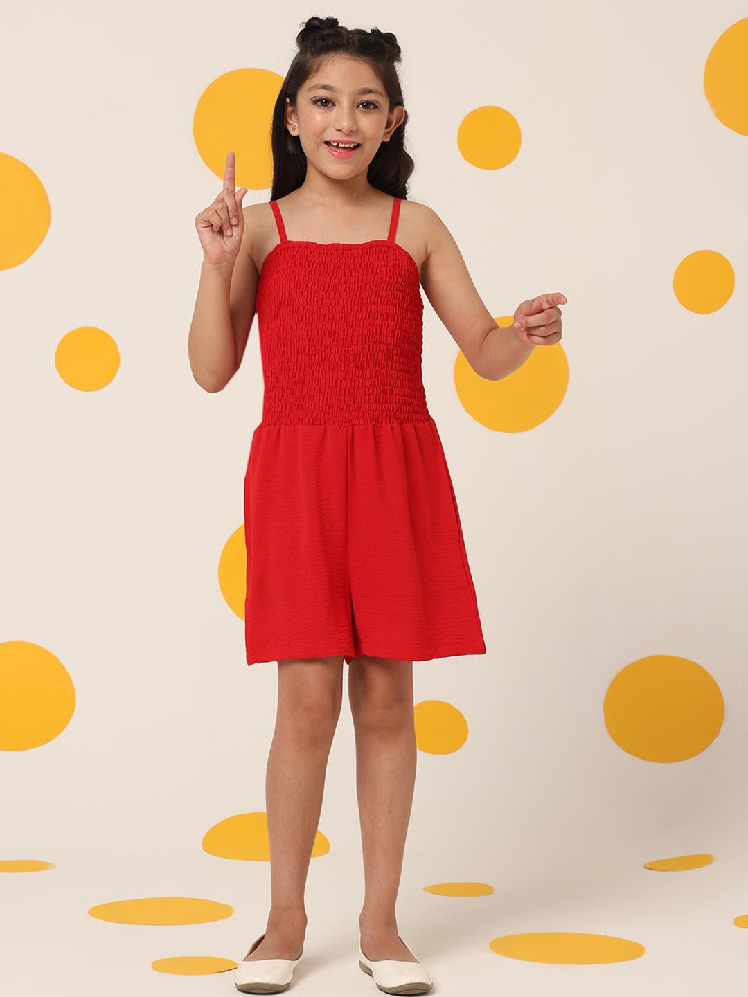 Cherry & Jerry Red Solid Smocking & Shoulder Strap Playsuits