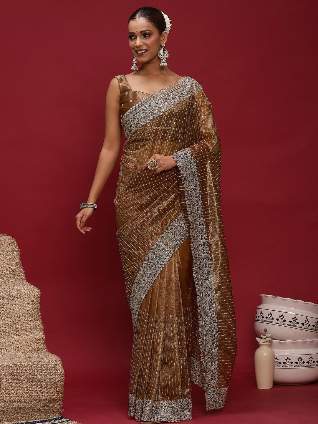 Anouk Brown Embellished Zari Net Designer Striped Saree