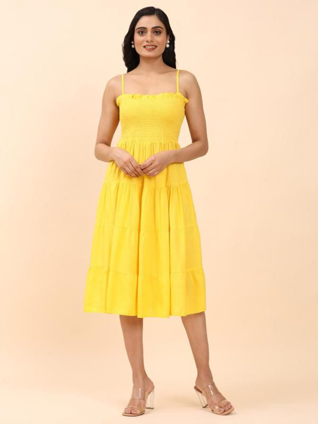 JAIMITI Women Smocked Shoulder Straps Fit & Flare Midi Dress