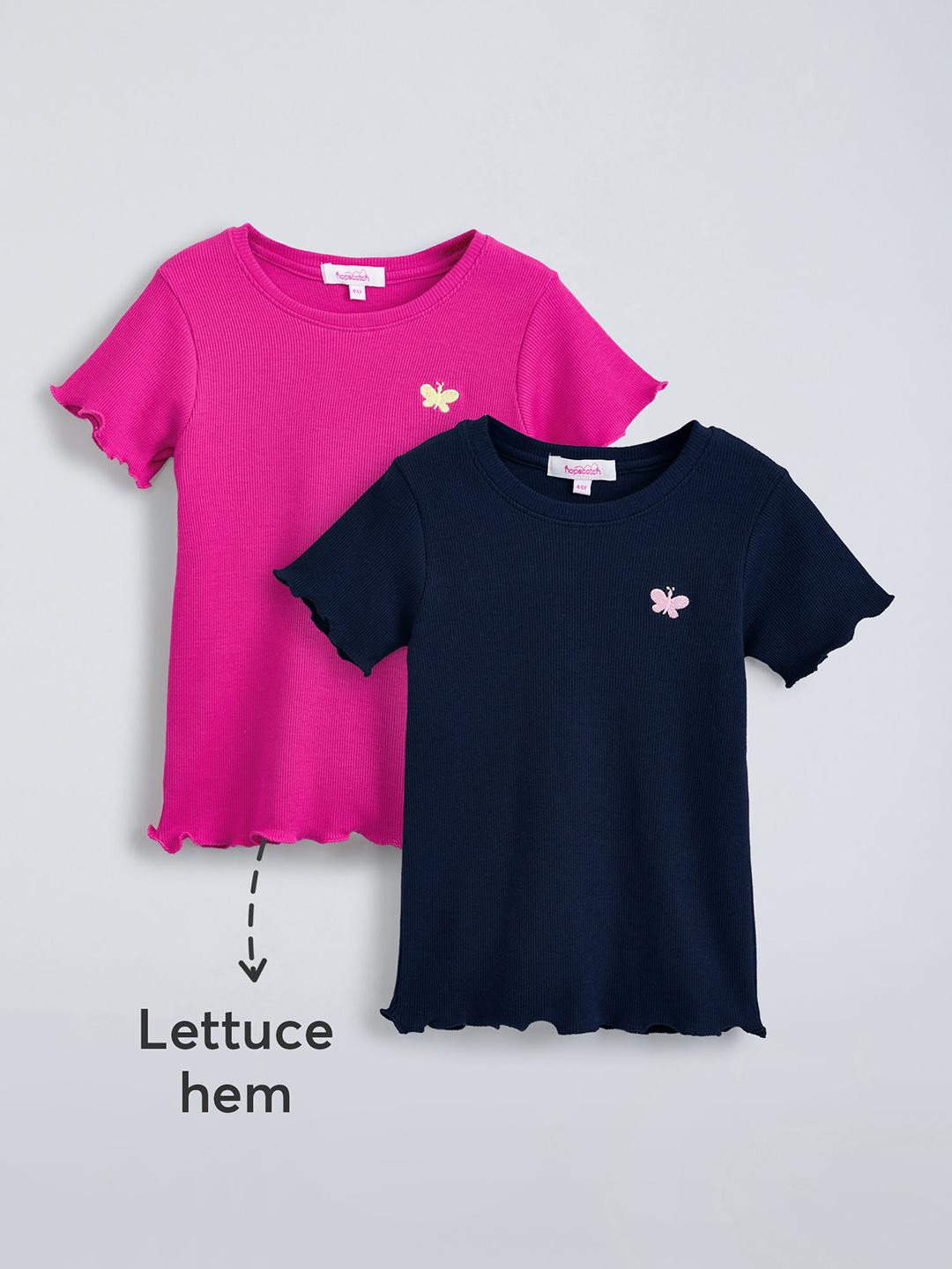 Hopscotch Girls Pack Of 2 Pink & Navy Blue Solid Butterfly Ribbed T-shirt