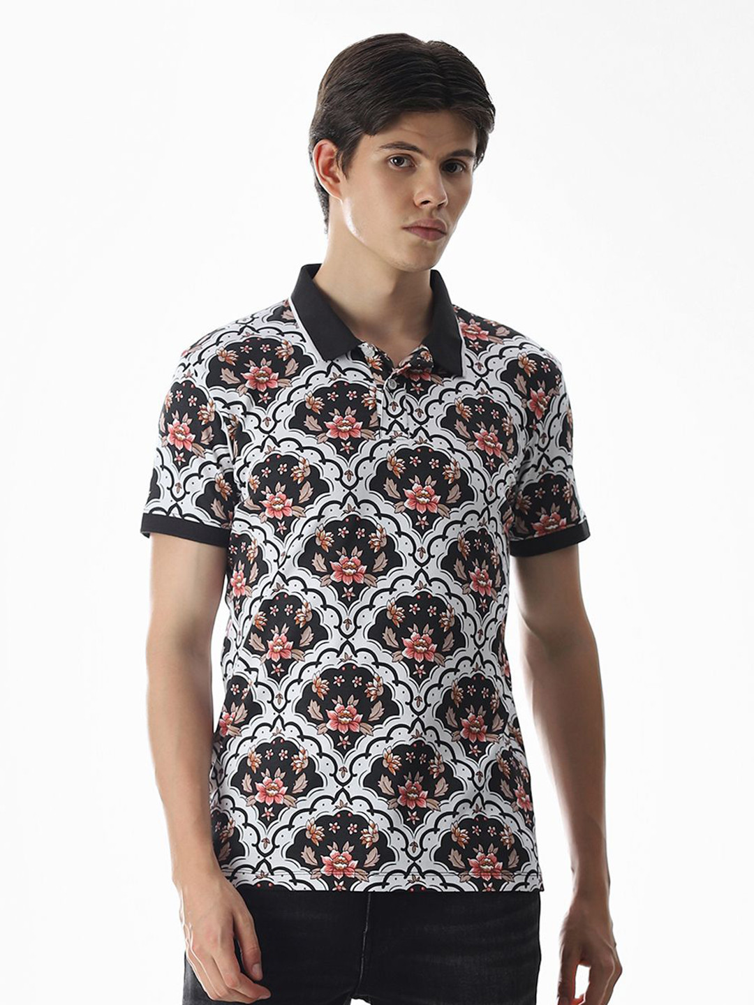 Jack & Jones Floral Printed Polo Collar Pure Cotton T-shirt