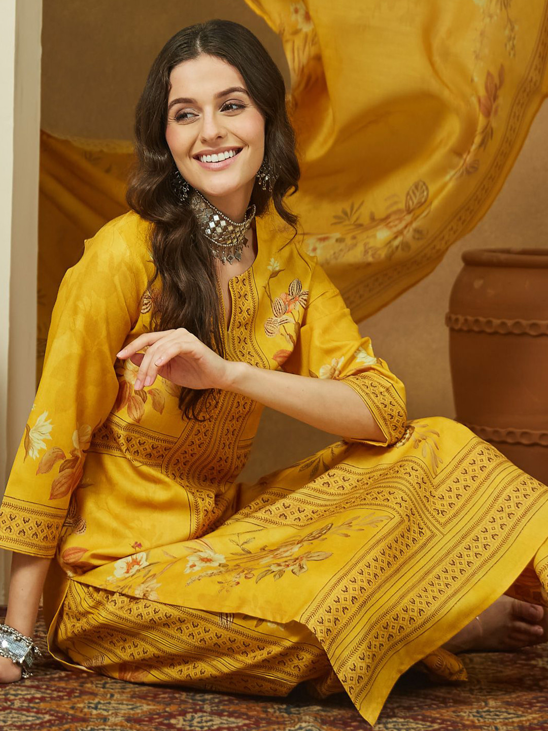 Janasya Women's Yellow Cotton Blend Floral Printed Pakistani Floral Straight Kurta Set