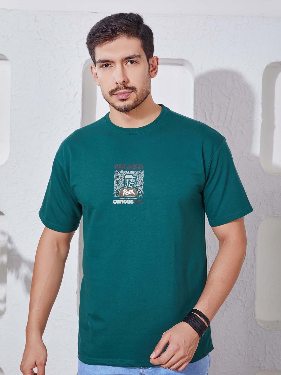 PRORIDERS Men Cotton Printed Round Neck Sea Green T-shirt