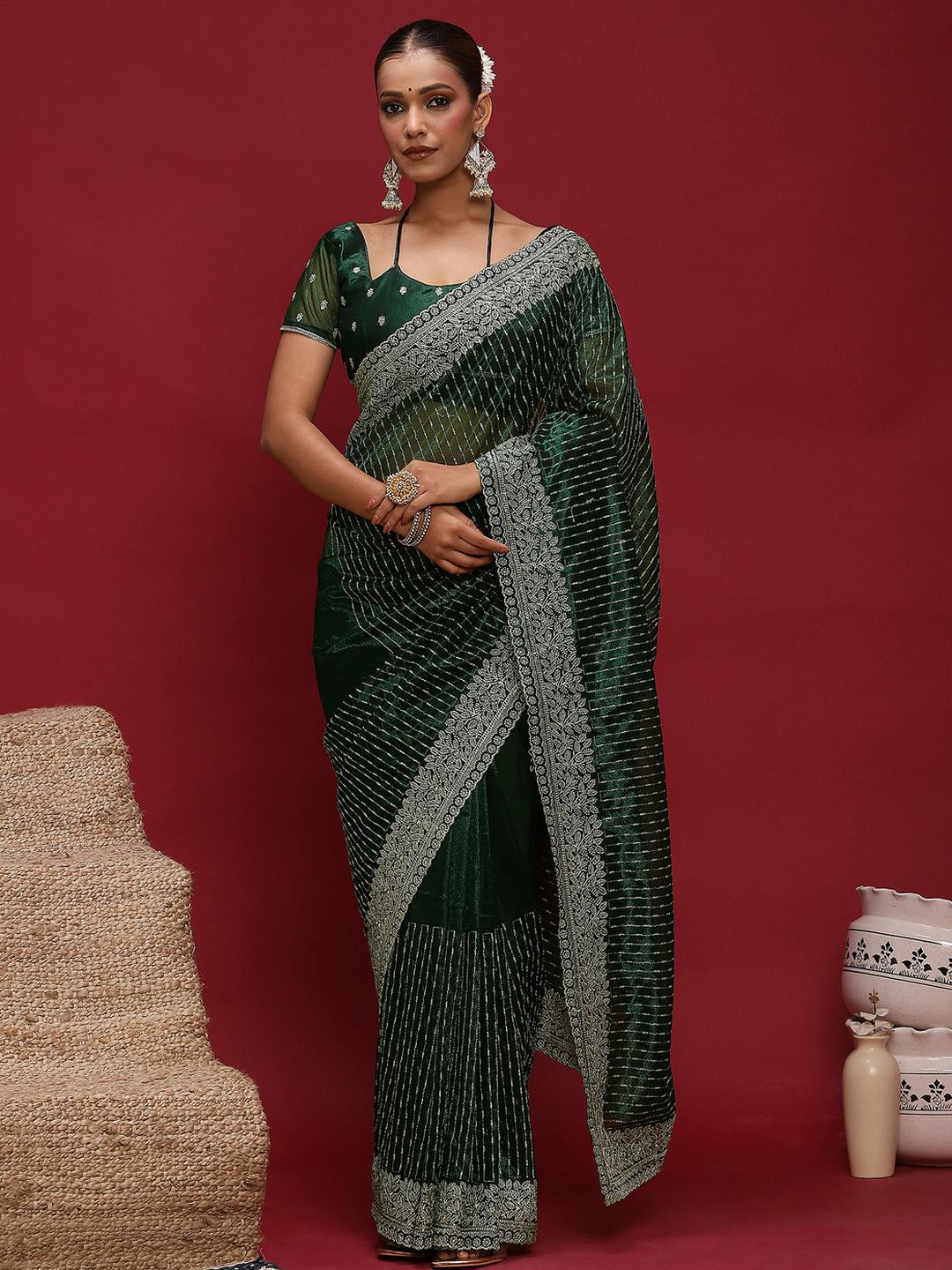 Anouk Women Green Net Ethnic Embellished Saree with Matching Blouse