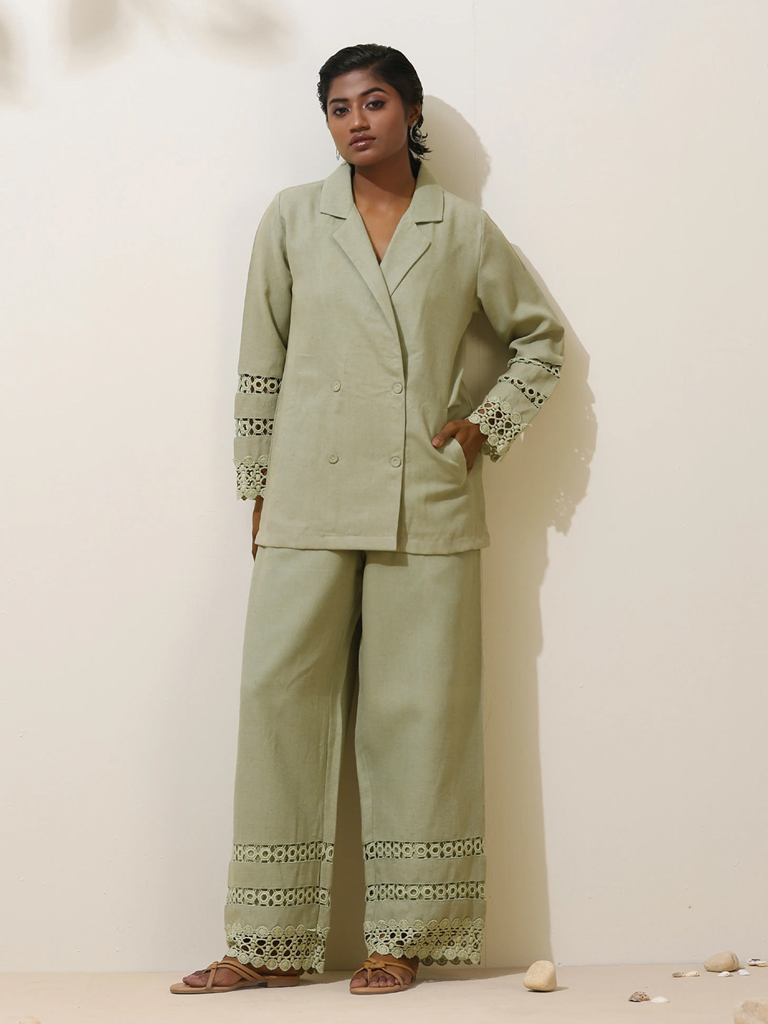 trueBrowns Matcha Green Crochet Natural Cotton Blazer Co-Ord Set