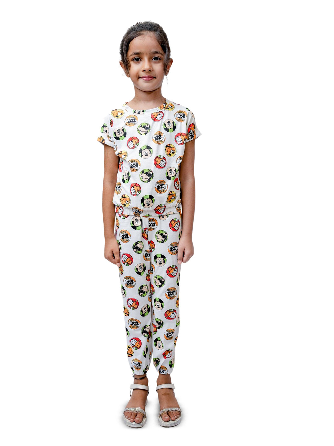 FREE BIRDS Girls Printed Short Sleeves Pure Cotton Top With Joggers