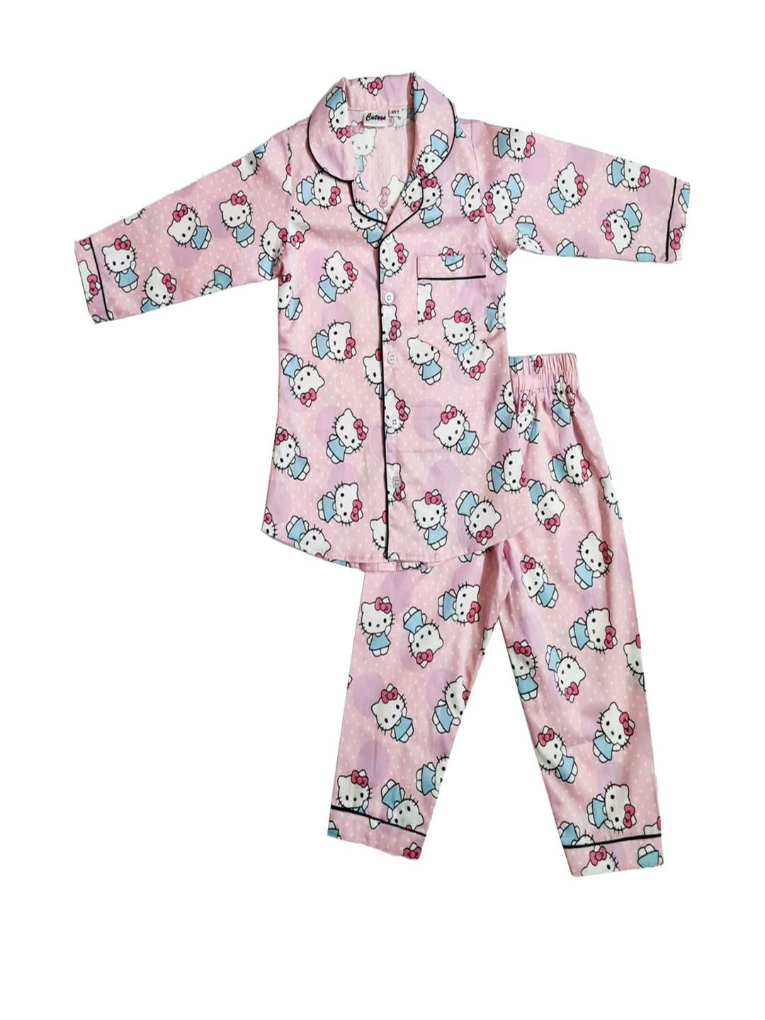 Cutoos Unisex Kids Hello Kitty Printed Cotton Full Sleeves Shirt And Trousers Night Suits