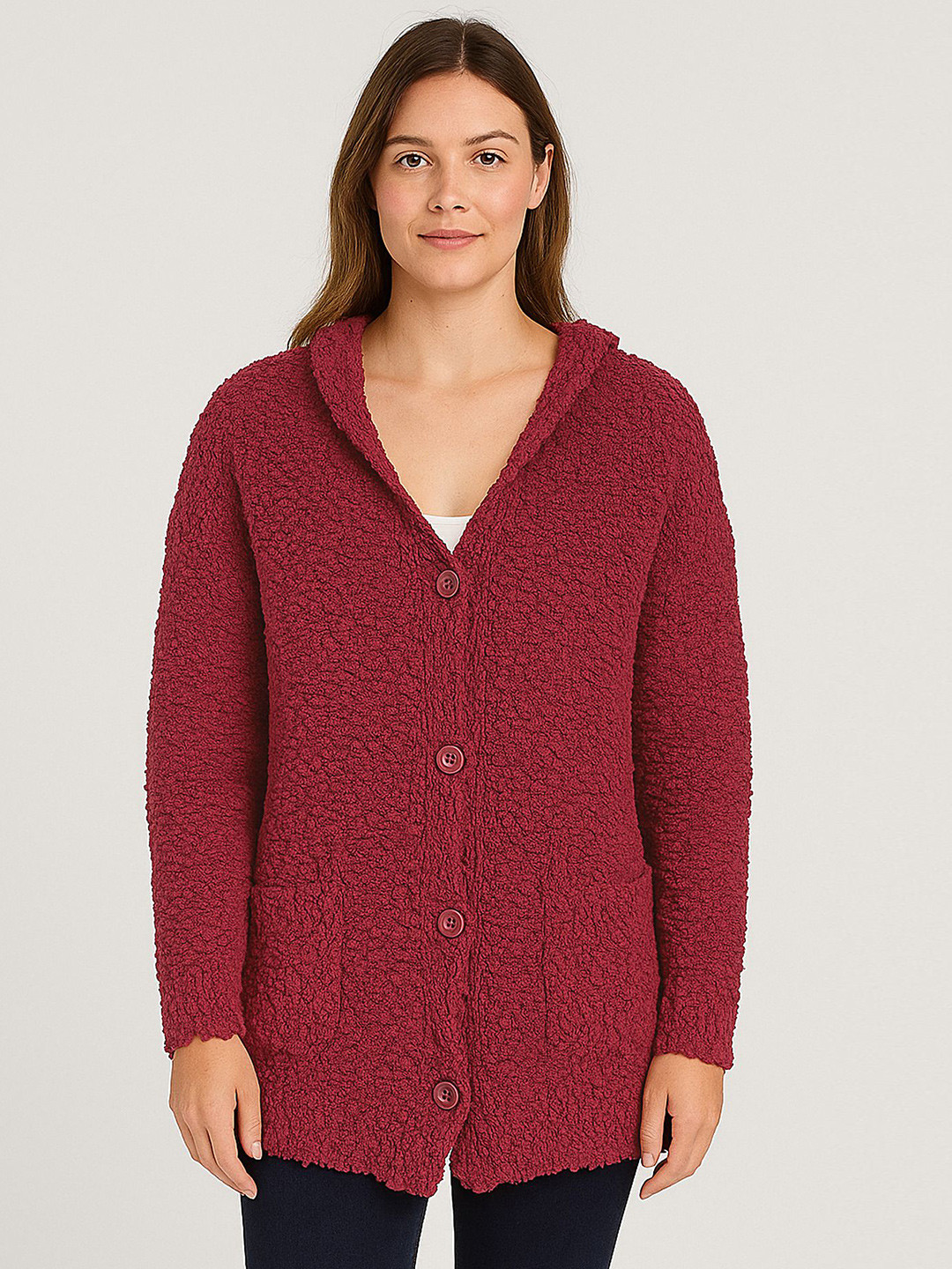 LULU & SKY Women Textured Hooded Cardigan WIith Button Clouser