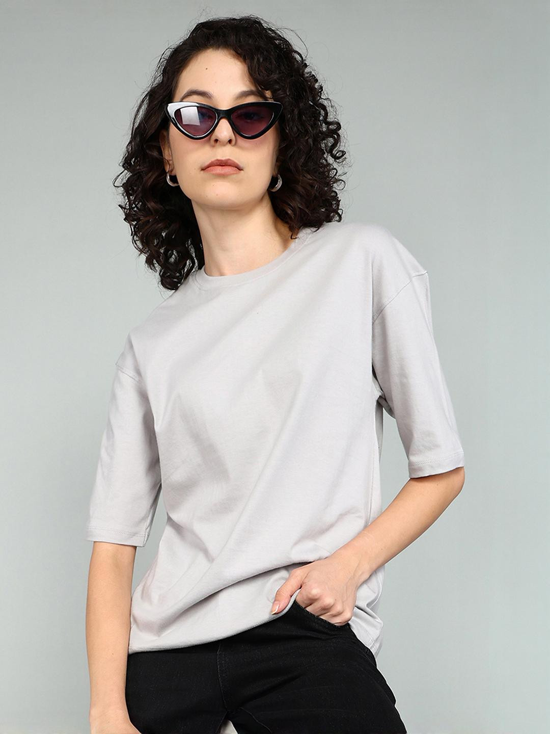 BEING WANTED Women Solid Grey Oversized T-Shirt