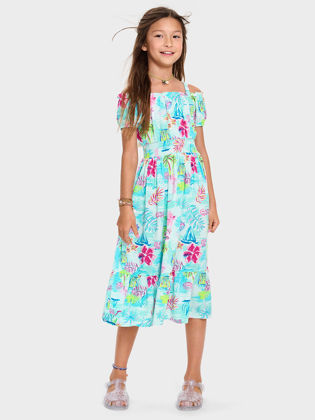 THE CHILDREN'S PLACE Printed Tropical Off-Shoulder Maxi Dress
