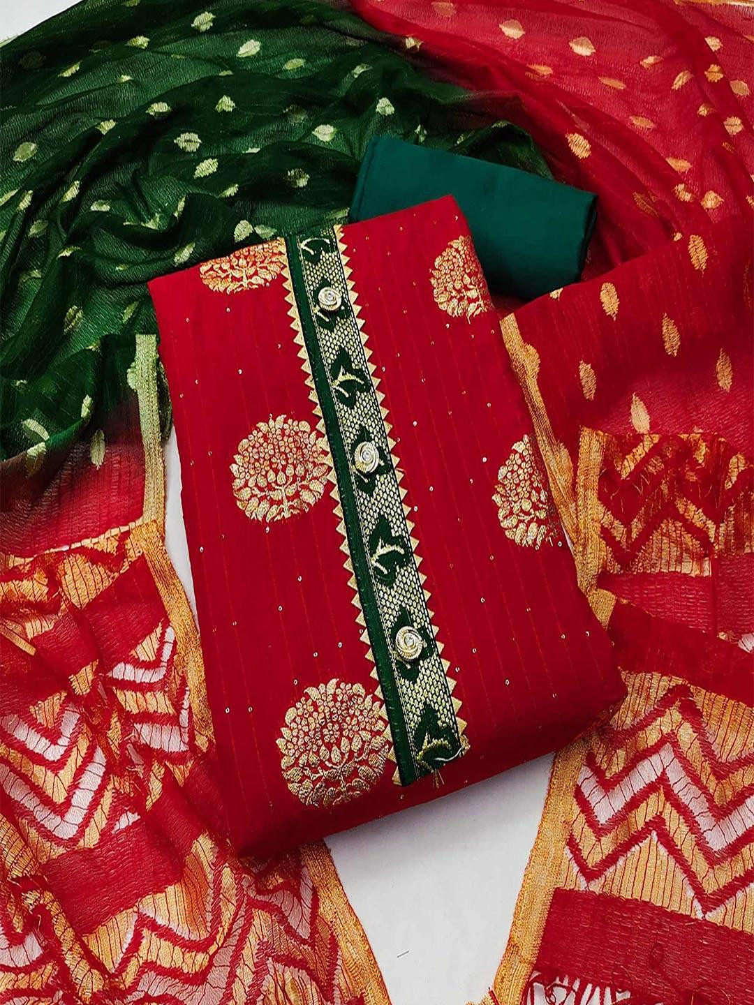 Peachmode Women Red Woven Design Floral Dress Material