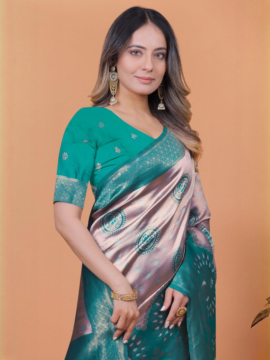 DIVASTRI Women Peacock Blue Ethnic Motifs Zari Silk Blend Banarasi Saree