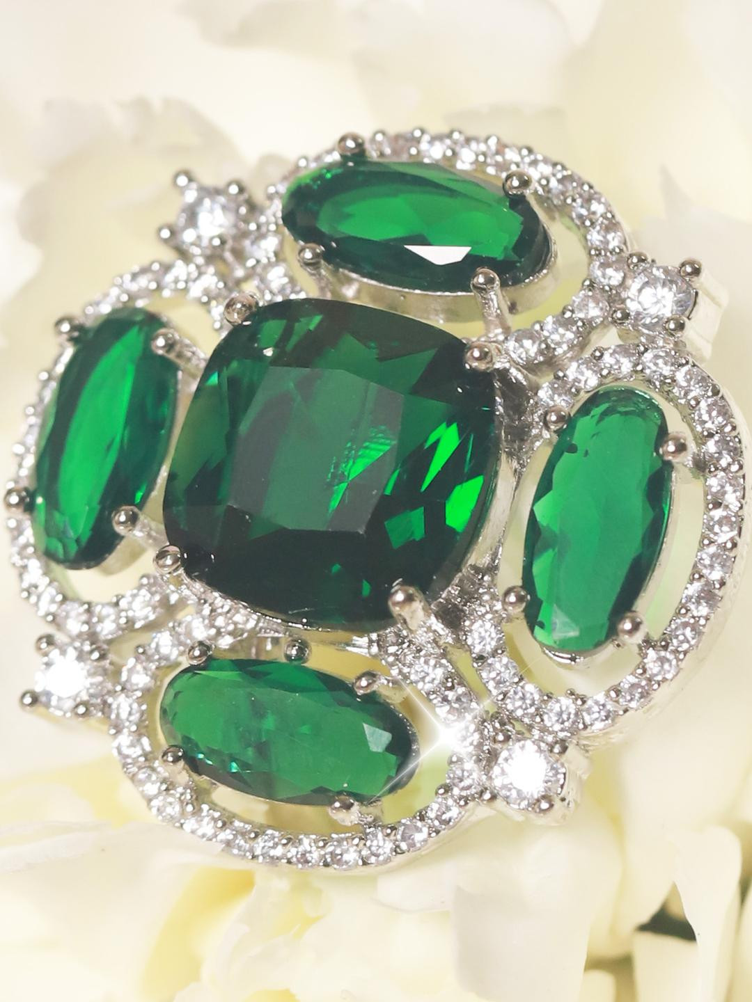 Manuvi Jewels Women Green Stone Studded American Diamond CZ Adjustable Ring